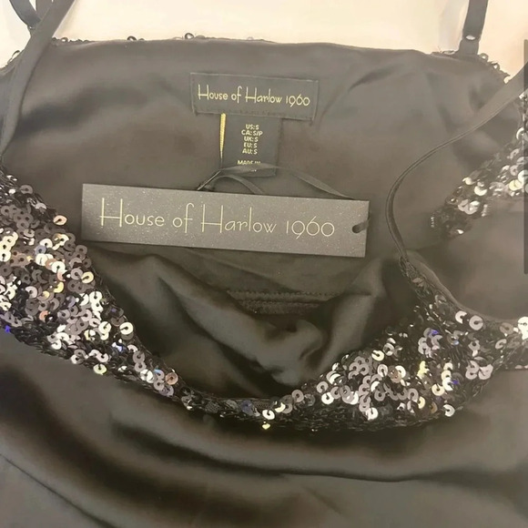 House of Harlow 1960 Sequined Black Satin Slip Dress Long New Prom Formal Gown - Picture 3 of 6